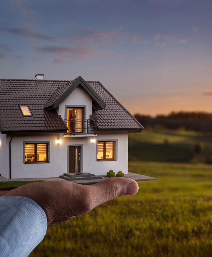 Concept of buying or building new home. Male hand showing, offering a new dream house at the empty field with copy space